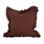 Hallie dark brown stonewashed linen feather cushion with plum undertones and ruffled edge