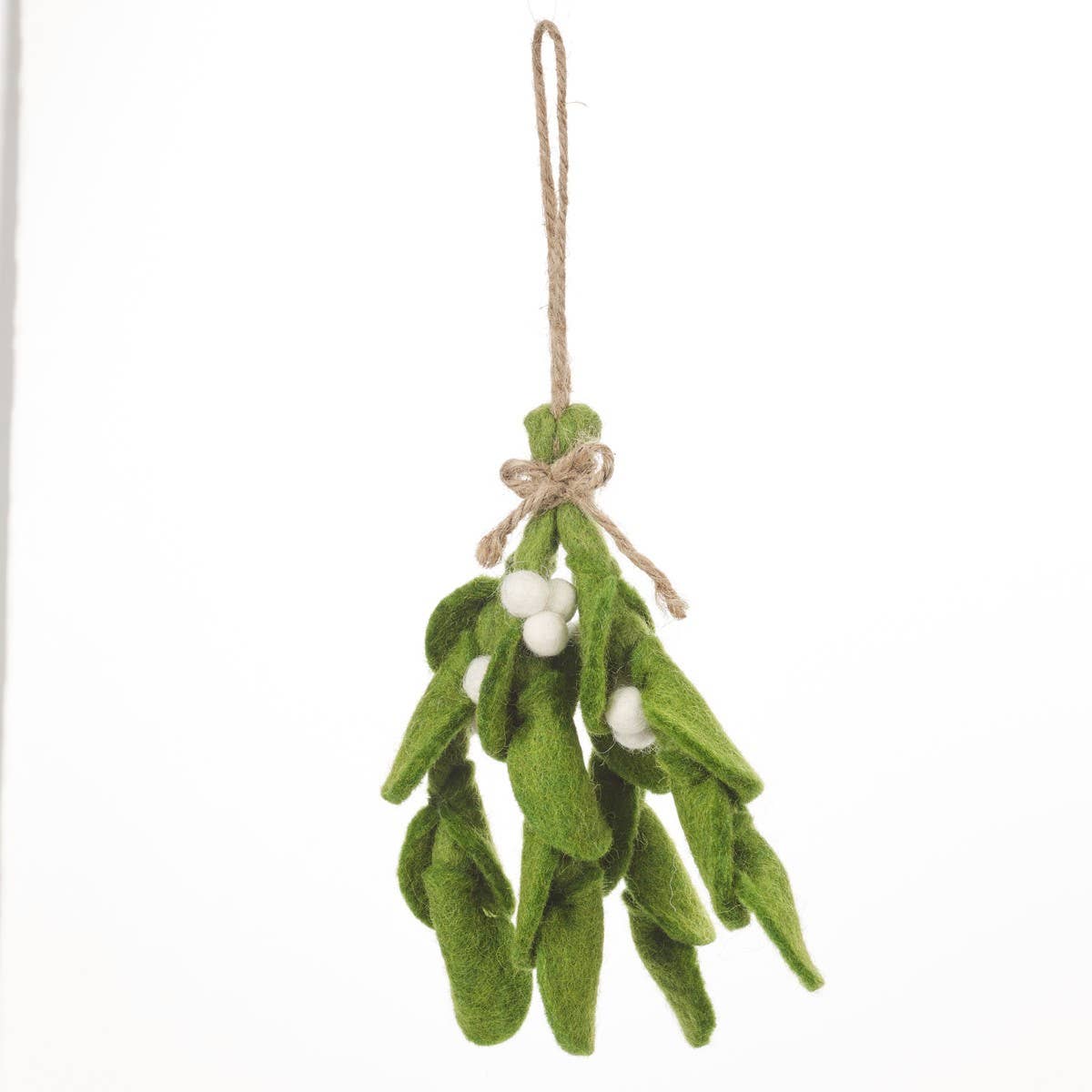 Handmade felt mistletoe sprig Christmas decoration made from green wool with natural hanging rope.