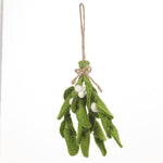 Handmade felt mistletoe sprig Christmas decoration made from green wool with natural hanging rope.