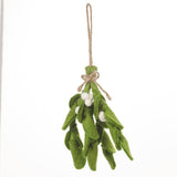 Handmade felt mistletoe sprig Christmas decoration made from green wool with natural hanging rope.