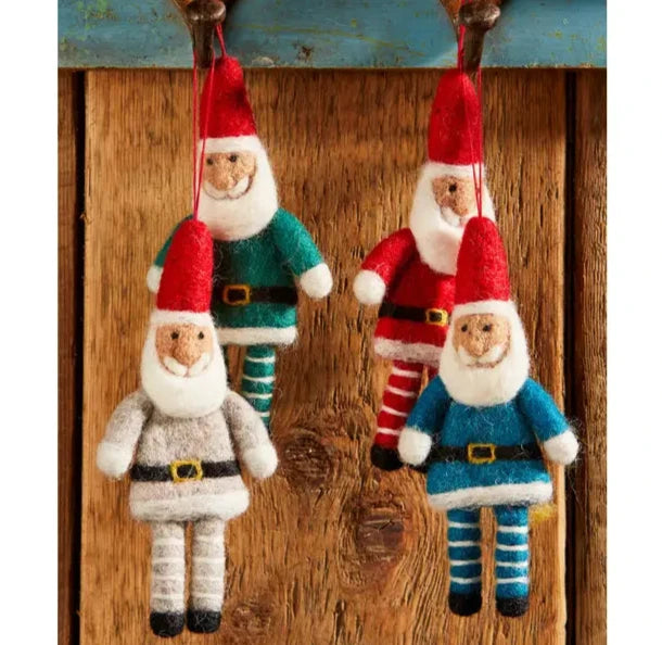 Handmade wool felt Santa Christmas tree decoration, artisan-crafted in Nepal and ready to hang.