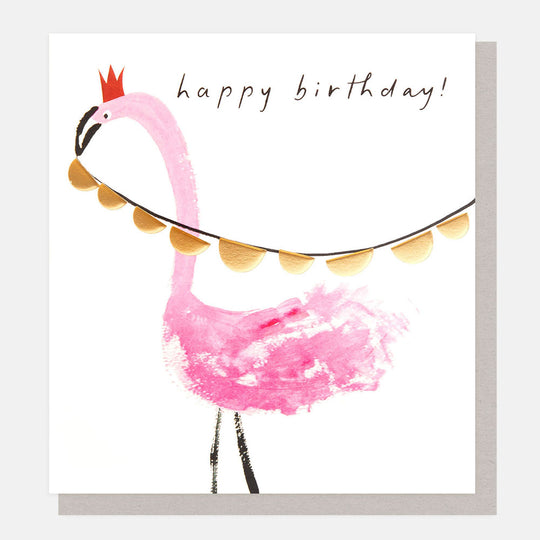 Happy Birthday greetings card featuring a flamingo wearing a crown with colourful bunting, blank inside for a personal birthday message.