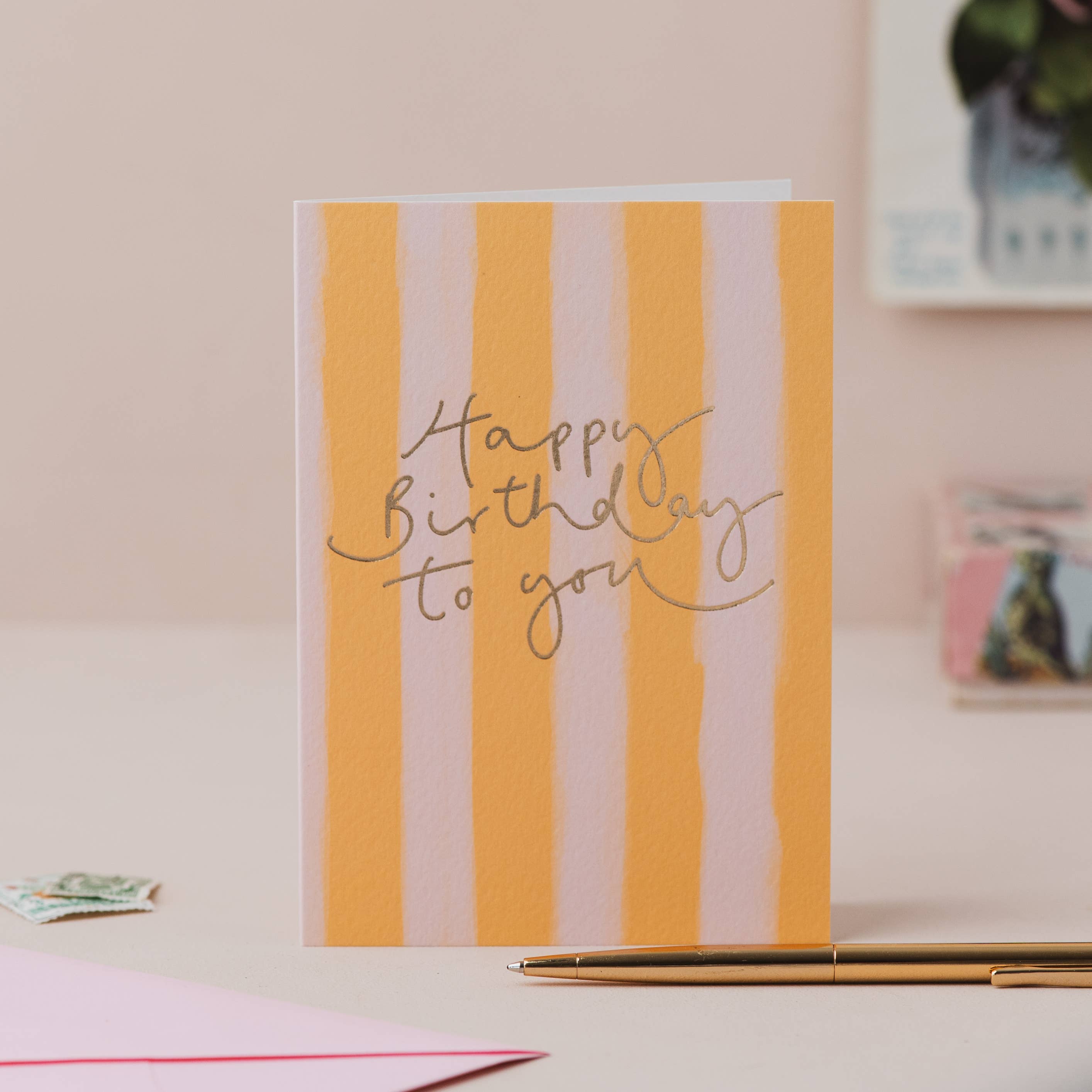 Happy Birthday To You mustard stripe card with rose gold foil lettering by Oh Squirrel.