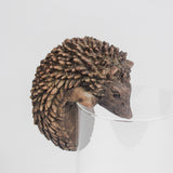 Brown resin hedgehog pot hanger perched on the edge of a plant pot