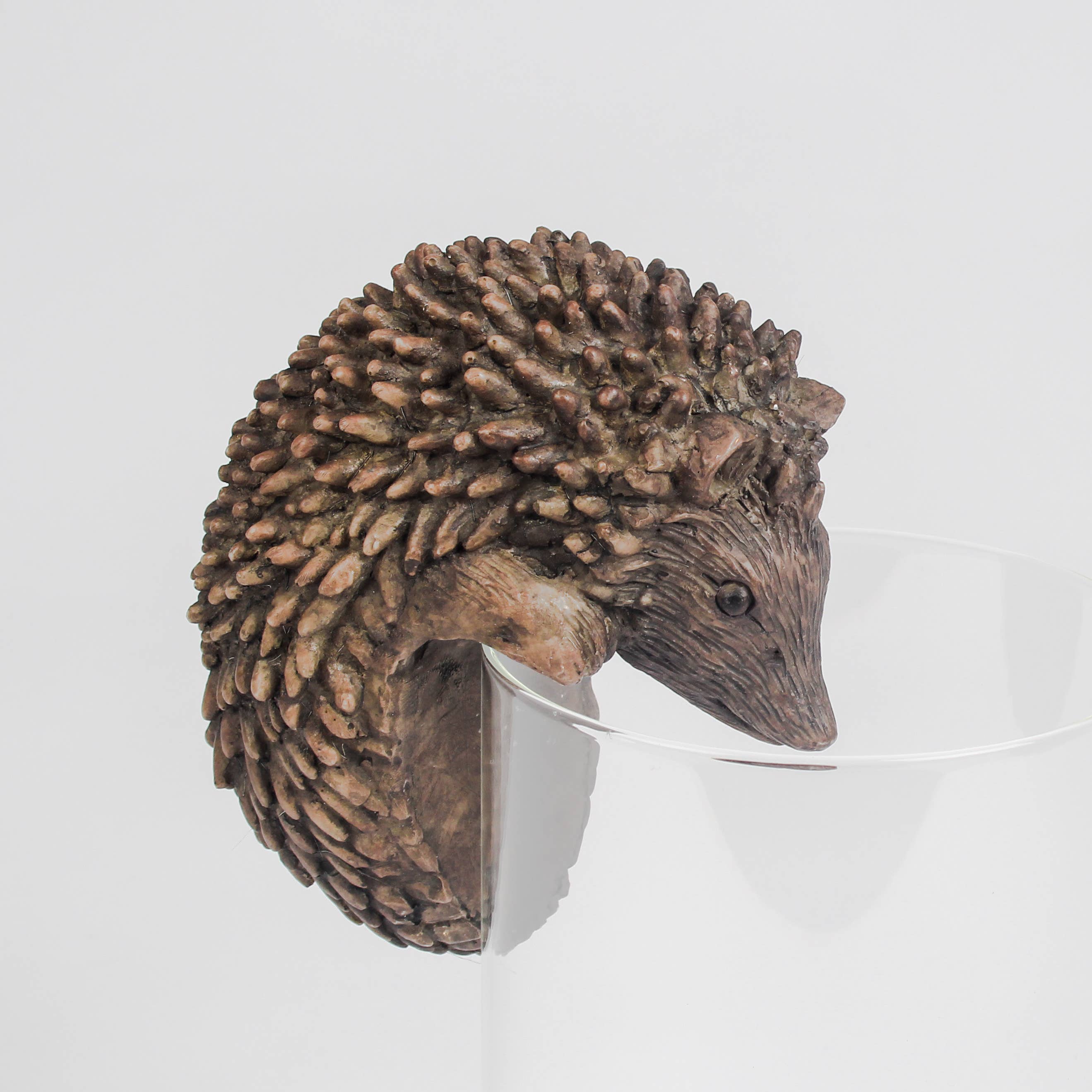Brown resin hedgehog pot hanger perched on the edge of a plant pot