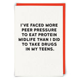 Holy Flaps Protein Pressure funny greetings card supplied with a bright neon orange envelope.