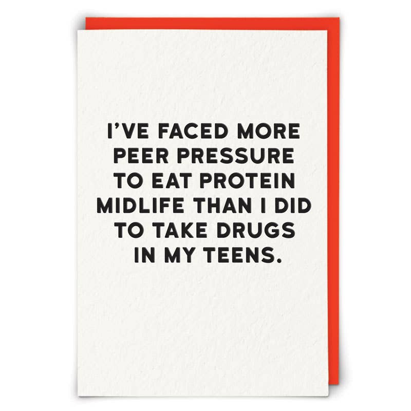 Holy Flaps Protein Pressure funny greetings card supplied with a bright neon orange envelope.