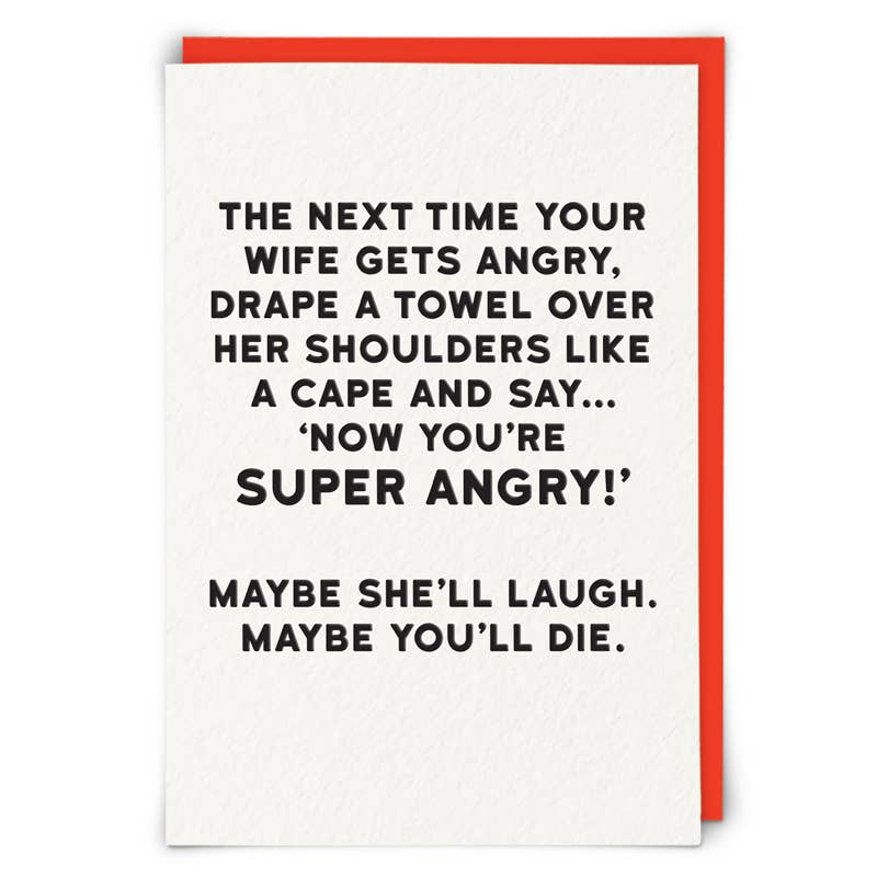 Holy Flaps Super Angry funny greetings card supplied with a bright neon orange envelope.