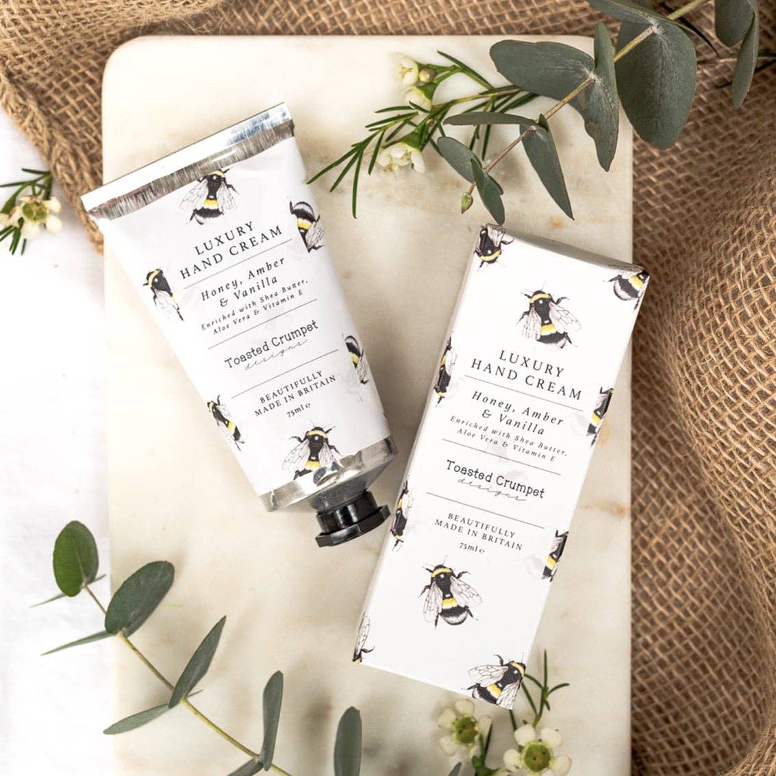 Luxury Honey, Amber & Vanilla hand cream from Toasted Crumpet's Bee Collection. Nourishing, beautifully scented and inspired by the British countryside.