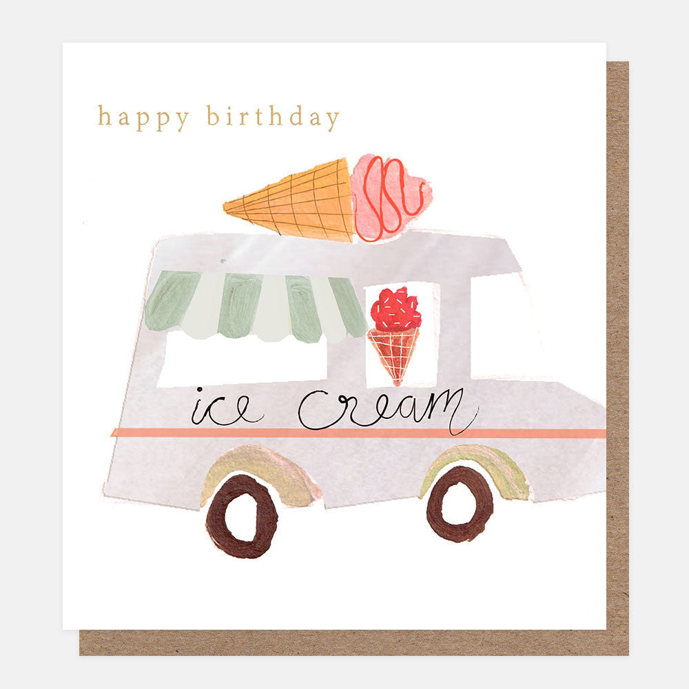 Ice Cream Van birthday card featuring a hand-drawn ice cream van with cone, gold foil lettering and embossed detailing.