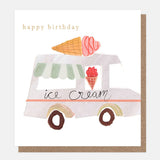 Ice Cream Van birthday card featuring a hand-drawn ice cream van with cone, gold foil lettering and embossed detailing.