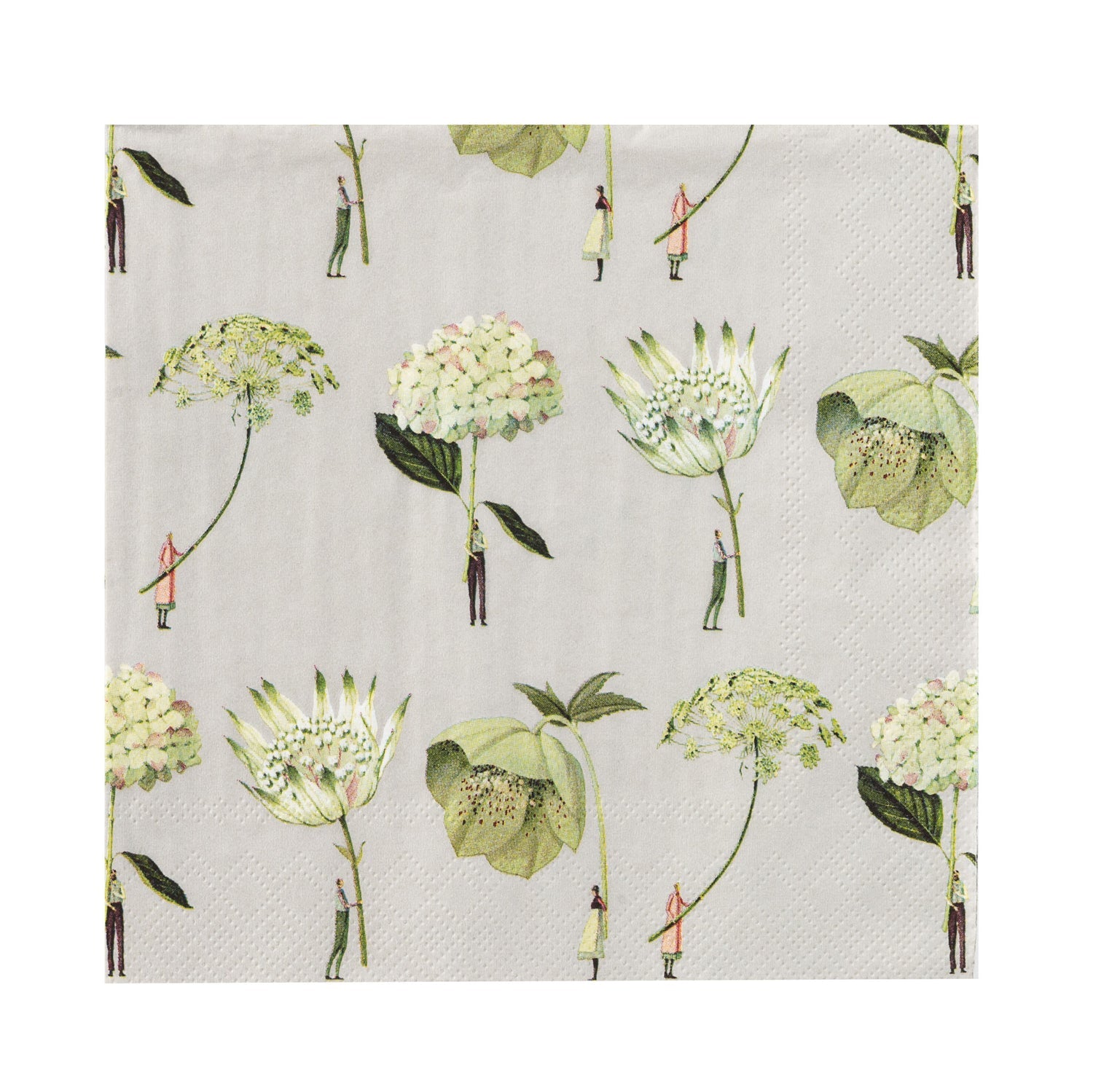 Laura Stoddart In Bloom Green Flowers paper napkins featuring botanical illustrations of hellebore, hydrangea, ammi and astrantia for elegant table settings.