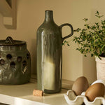 Moss green stoneware olive oil bottle with handle and natural cork stopper