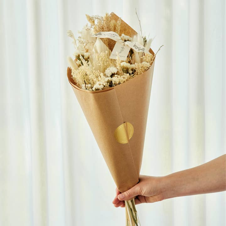 Ivory Muse luxury dried flower bouquet in soft ivory and neutral tones, handcrafted by Mad Lilies with preserved flowers, grasses and seed heads.