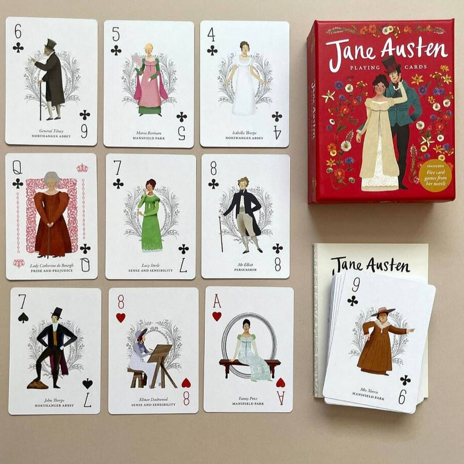 Jane Austen Playing Cards by Laurence King featuring beautifully illustrated literary characters including Mr Darcy and Elizabeth Bennet in a keepsake card deck.