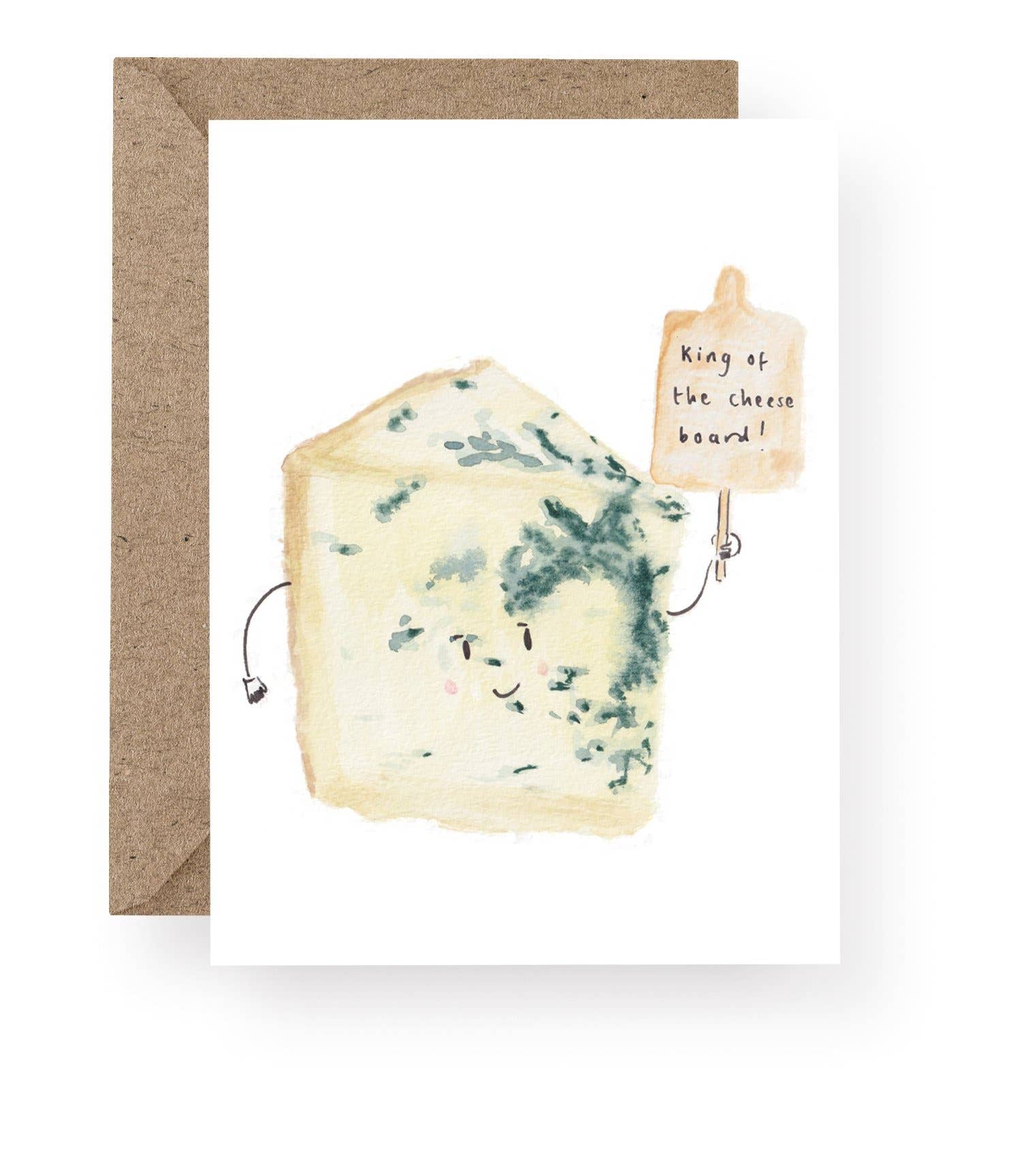 King of the Cheese Board card featuring a hand-painted watercolour Stilton cheese illustration.