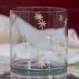Large clear glass votive candle holder with delicate gold etched stars