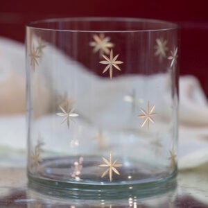 Large clear glass votive candle holder with delicate gold etched stars