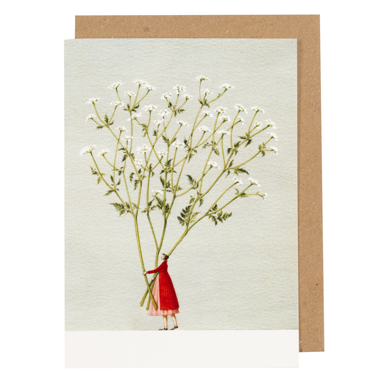 Laura Stoddart Cow Parsley greetings card with delicate wildflower illustrations and whimsical flower-hunter figures