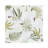 A paper napkin with a white background featuring a watercolor illustration of various ferns and figures engaging with the plants.