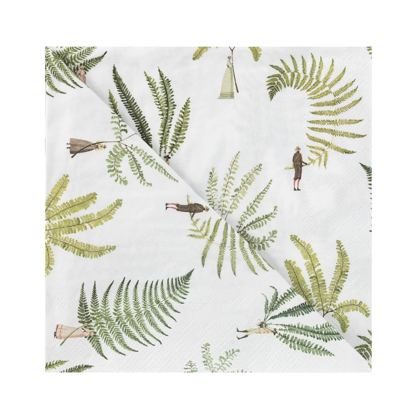 A paper napkin with a white background featuring a watercolor illustration of various ferns and figures engaging with the plants.