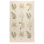 Laura Stoddart Fabulous Ferns tea towel featuring oversized fern illustrations and whimsical plant hunter figures on premium unbleached cotton.