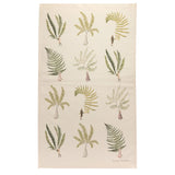 Laura Stoddart Fabulous Ferns tea towel featuring oversized fern illustrations and whimsical plant hunter figures on premium unbleached cotton.