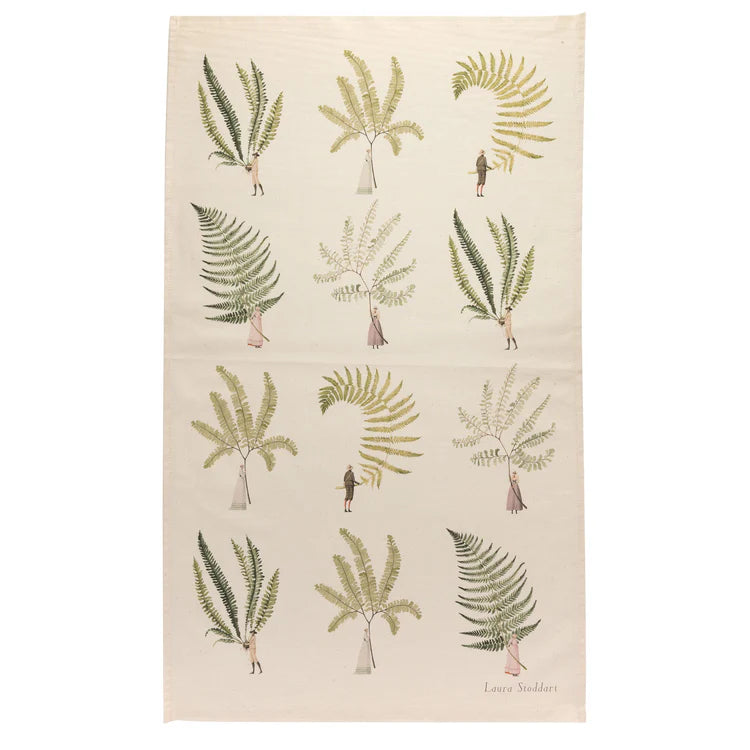 Laura Stoddart Fabulous Ferns tea towel featuring oversized fern illustrations and whimsical plant hunter figures on premium unbleached cotton.