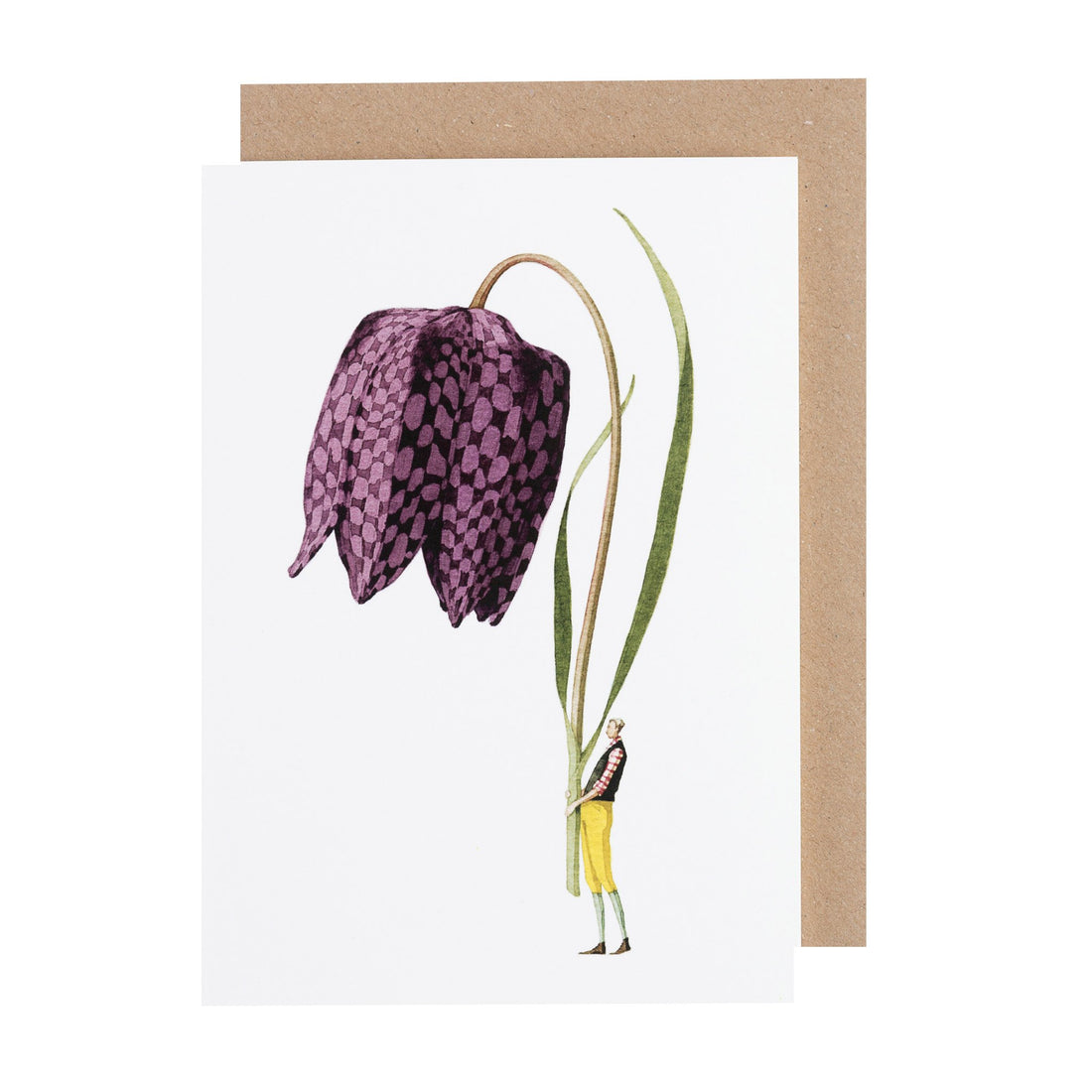 A greetings card featuring an illustration of a purple fritillary flower with a kraft paper envelope.