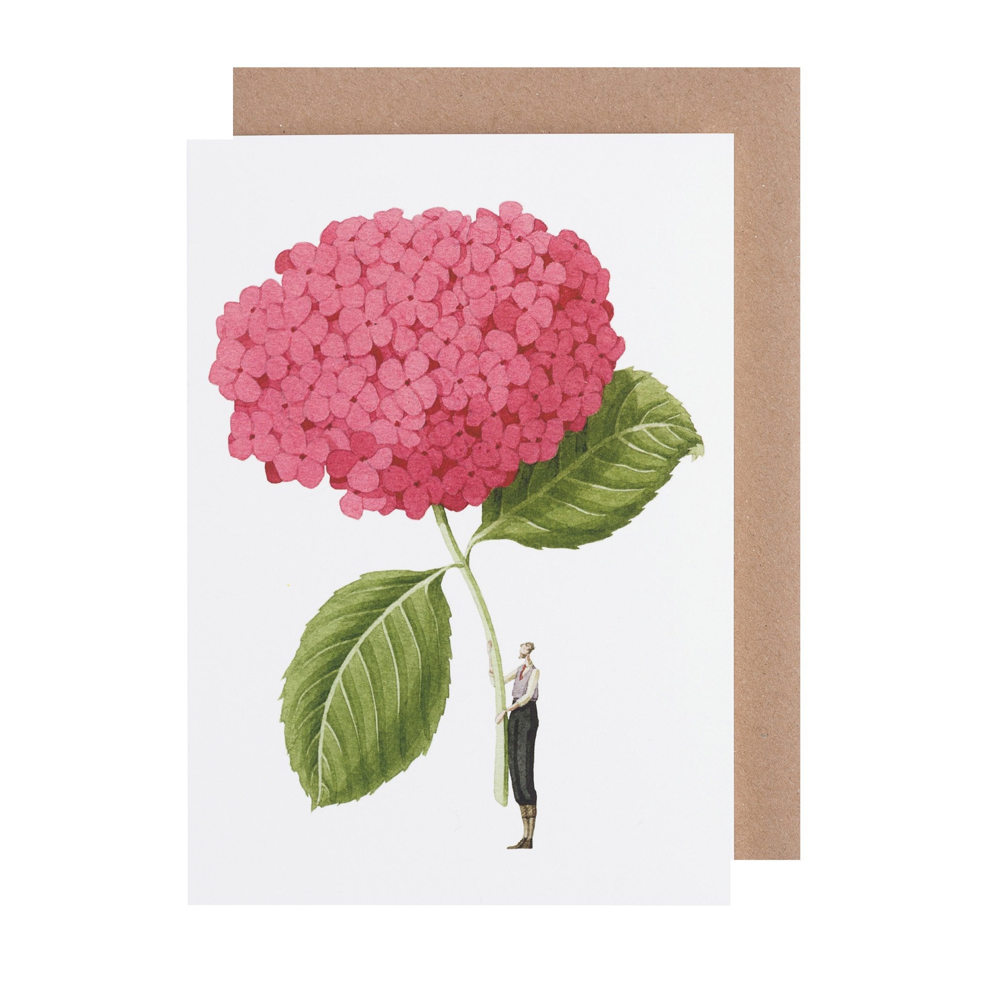 Greeting card with a large pink Hydrangea and a small figure underneath on a white background.
