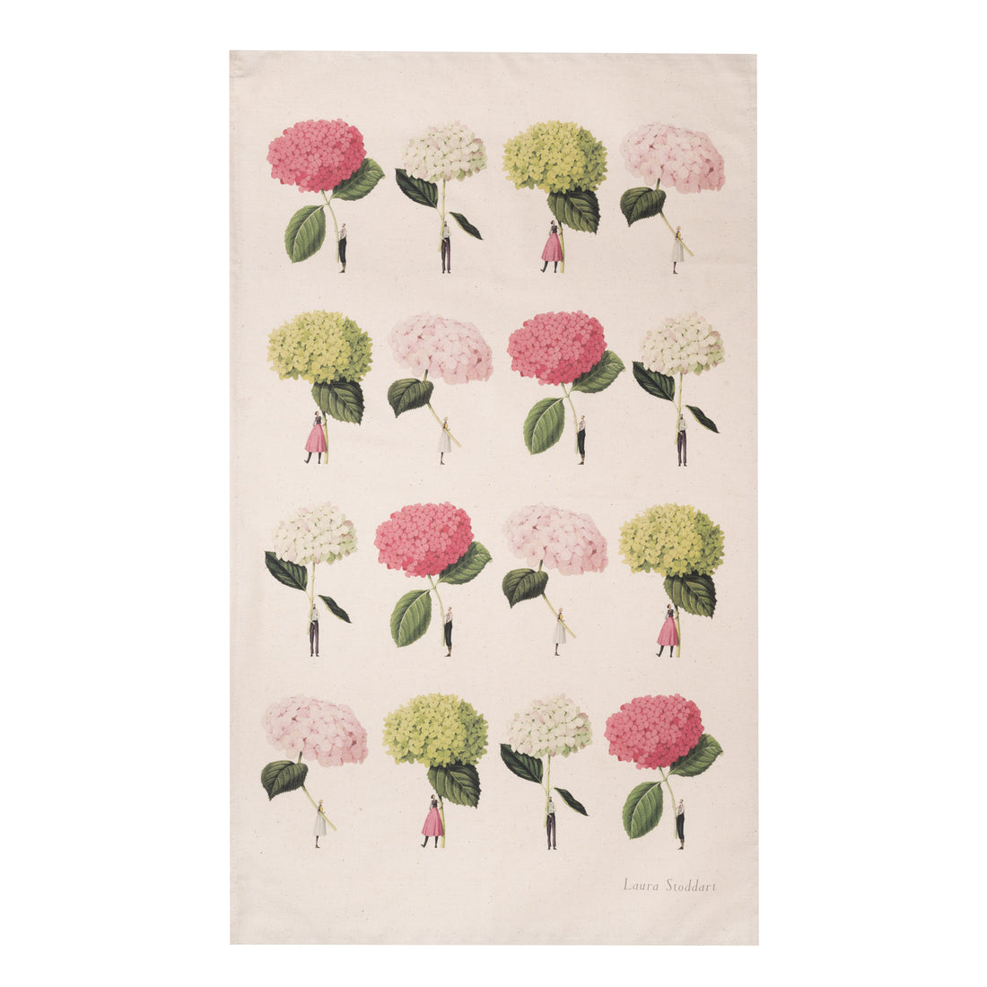Laura Stoddart Hydrangea cotton tea towel featuring a collage of soft pink and green hydrangea flowers