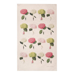 Laura Stoddart Hydrangea cotton tea towel featuring a collage of soft pink and green hydrangea flowers