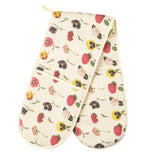Laura Stoddart In Bloom double oven gloves featuring colourful floral illustrations, handmade in England from 100% unbleached natural cotton.