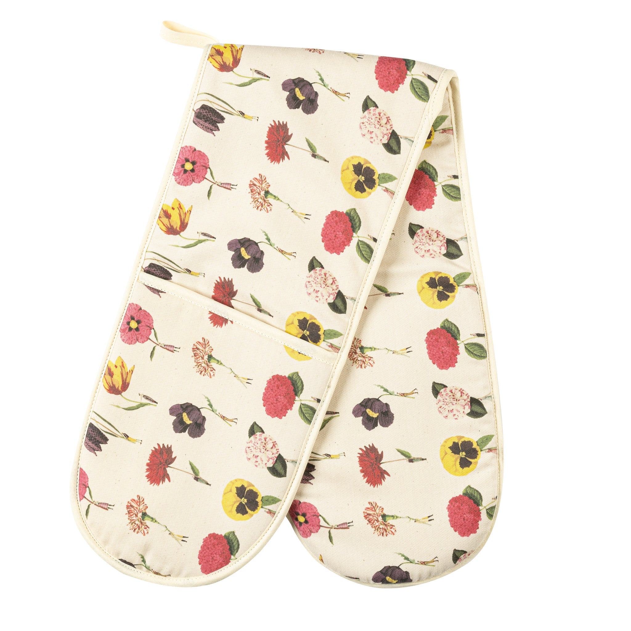 Laura Stoddart In Bloom double oven gloves featuring colourful floral illustrations, handmade in England from 100% unbleached natural cotton.
