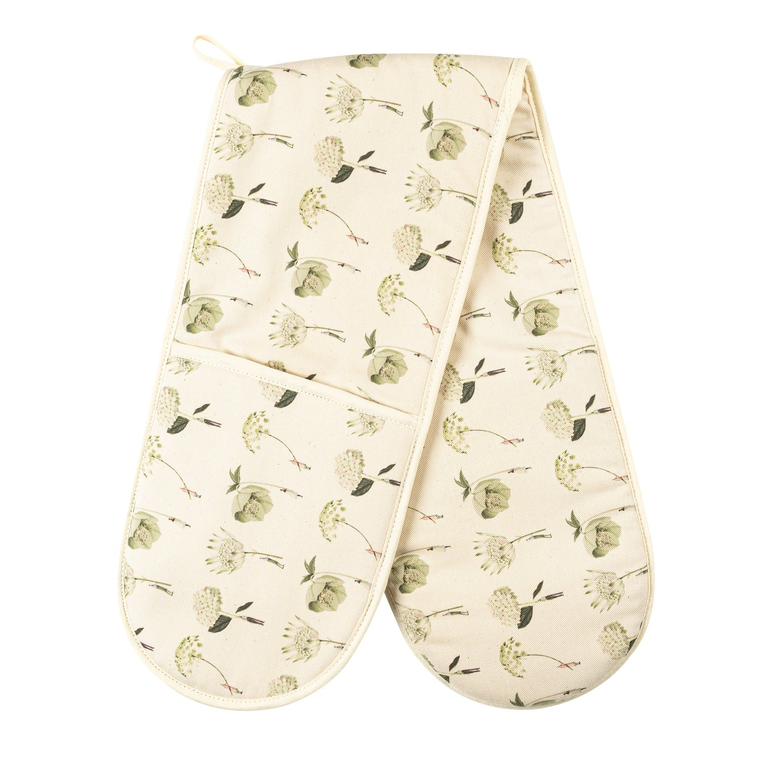 Laura Stoddart In Bloom Green Flowers double oven gloves at Mad Lilies. Beautiful floral cotton oven gloves handmade in England.