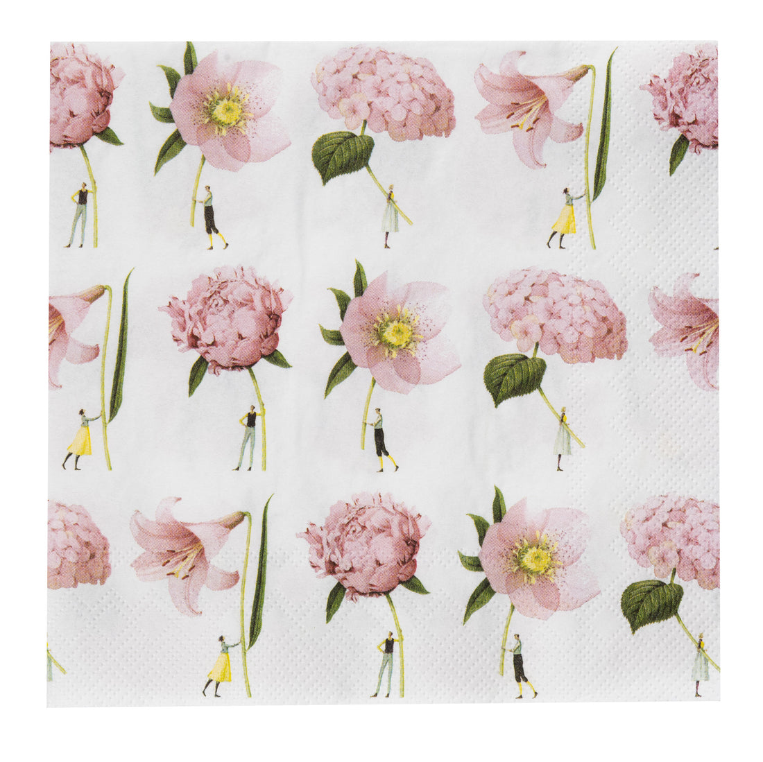 A paper napkin with a floral pattern featuring pink flowers and small figures holding them.