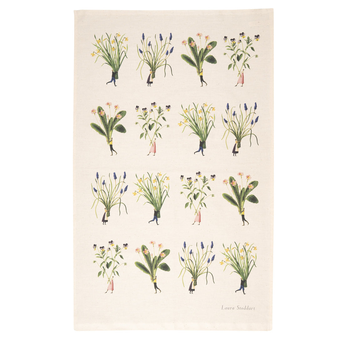Laura Stoddart Spring Flowers cotton tea towel illustrated with Muscari, Primrose, Tête-à-Tête narcissus and Viola