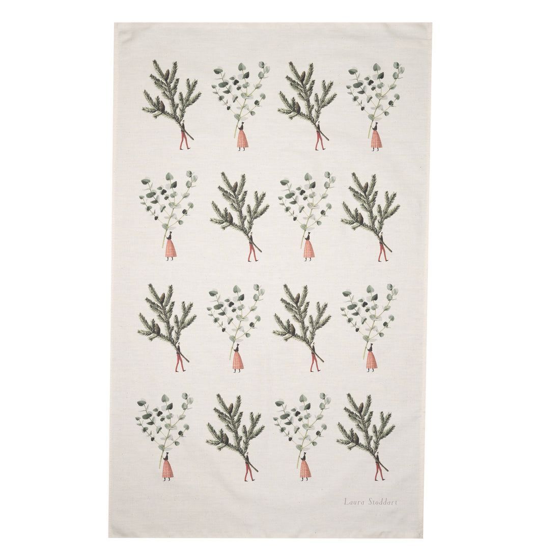 Laura Stoddart Spruce and Eucalyptus Christmas tea towel with botanical foliage illustration