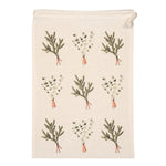 Laura Stoddart Spruce and Eucalyptus medium cotton drawstring bag featuring botanical illustrations on natural unbleached cotton, measuring 30 × 44.5cm.