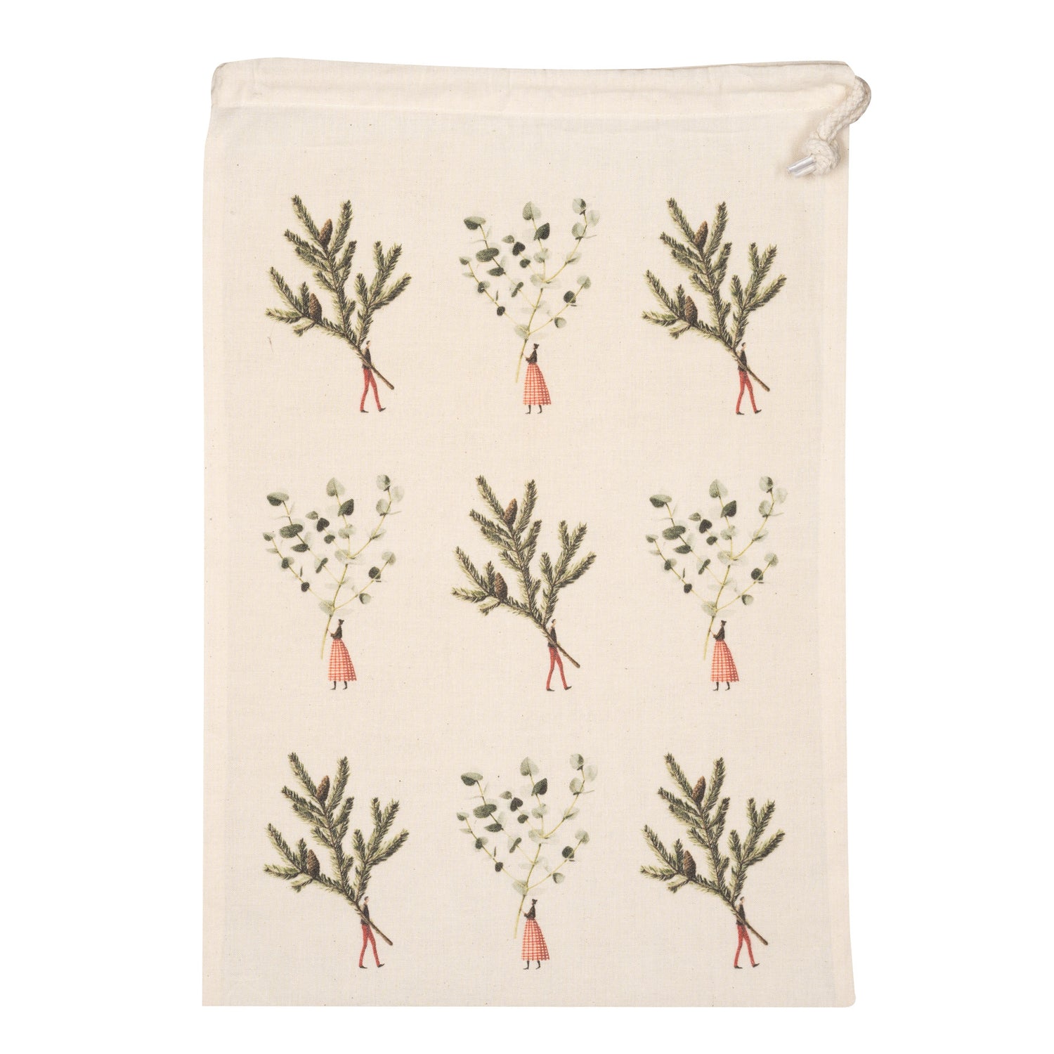Laura Stoddart Spruce and Eucalyptus medium cotton drawstring bag featuring botanical illustrations on natural unbleached cotton, measuring 30 × 44.5cm.