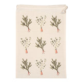 Laura Stoddart Spruce and Eucalyptus medium cotton drawstring bag featuring botanical illustrations on natural unbleached cotton, measuring 30 × 44.5cm.