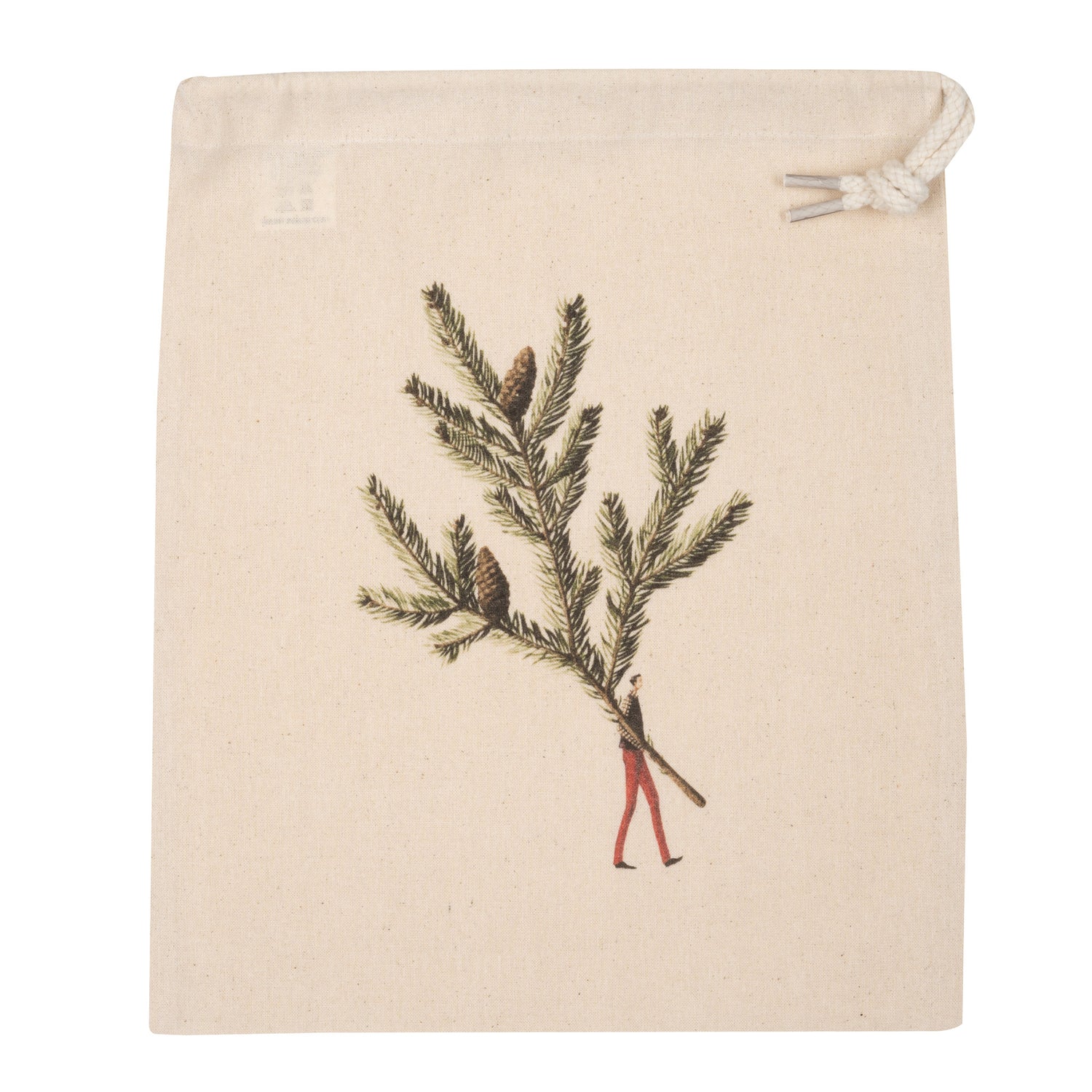 Laura Stoddart Spruce small drawstring bag featuring a botanical spruce illustration on natural unbleached cotton, measuring 25.5 × 29.5cm.