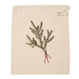 Laura Stoddart Spruce small drawstring bag featuring a botanical spruce illustration on natural unbleached cotton, measuring 25.5 × 29.5cm.