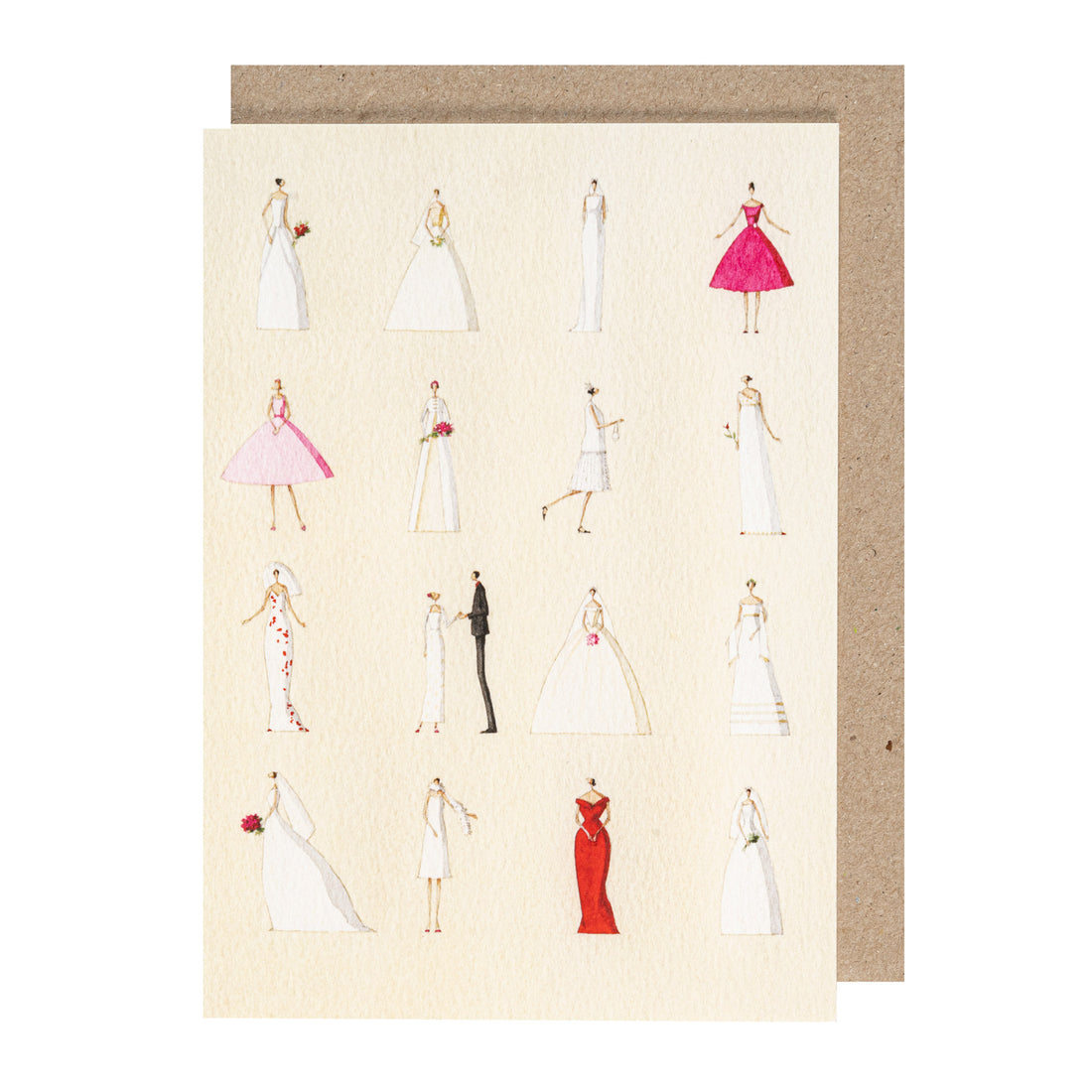 A greetings card with an illustration of various wedding dresses, accompanied by a kraft paper envelope.