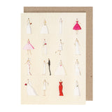 A greetings card with an illustration of various wedding dresses, accompanied by a kraft paper envelope.