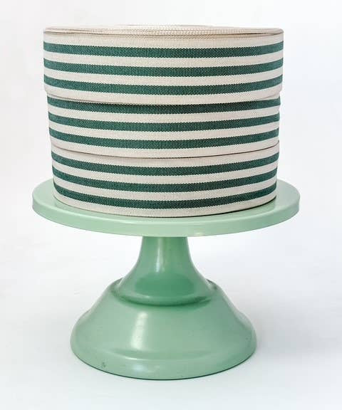 Linen and forest green multistripe cotton ribbon, 35mm wide, for gift wrapping, Christmas bows and creative crafting.