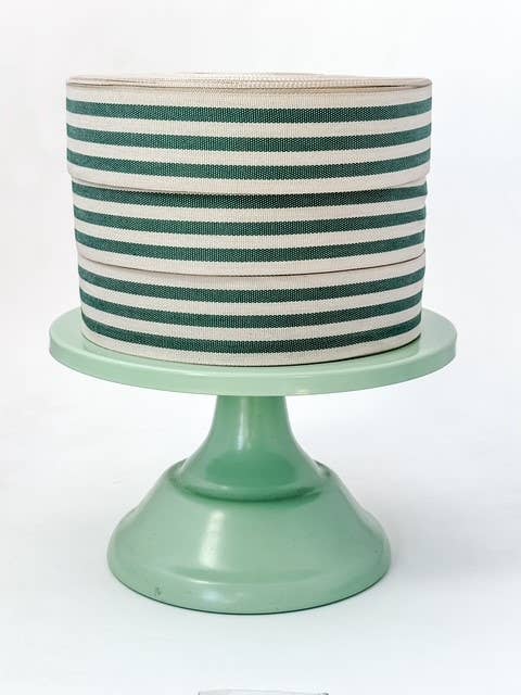 Linen and forest green multistripe cotton ribbon, 35mm wide, for gift wrapping, Christmas bows and creative crafting.