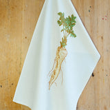 Handmade cotton tea towel with parsnip print. A quirky gift for gardeners, chefs, weddings, housewarmings or rustic countryside kitchen décor.