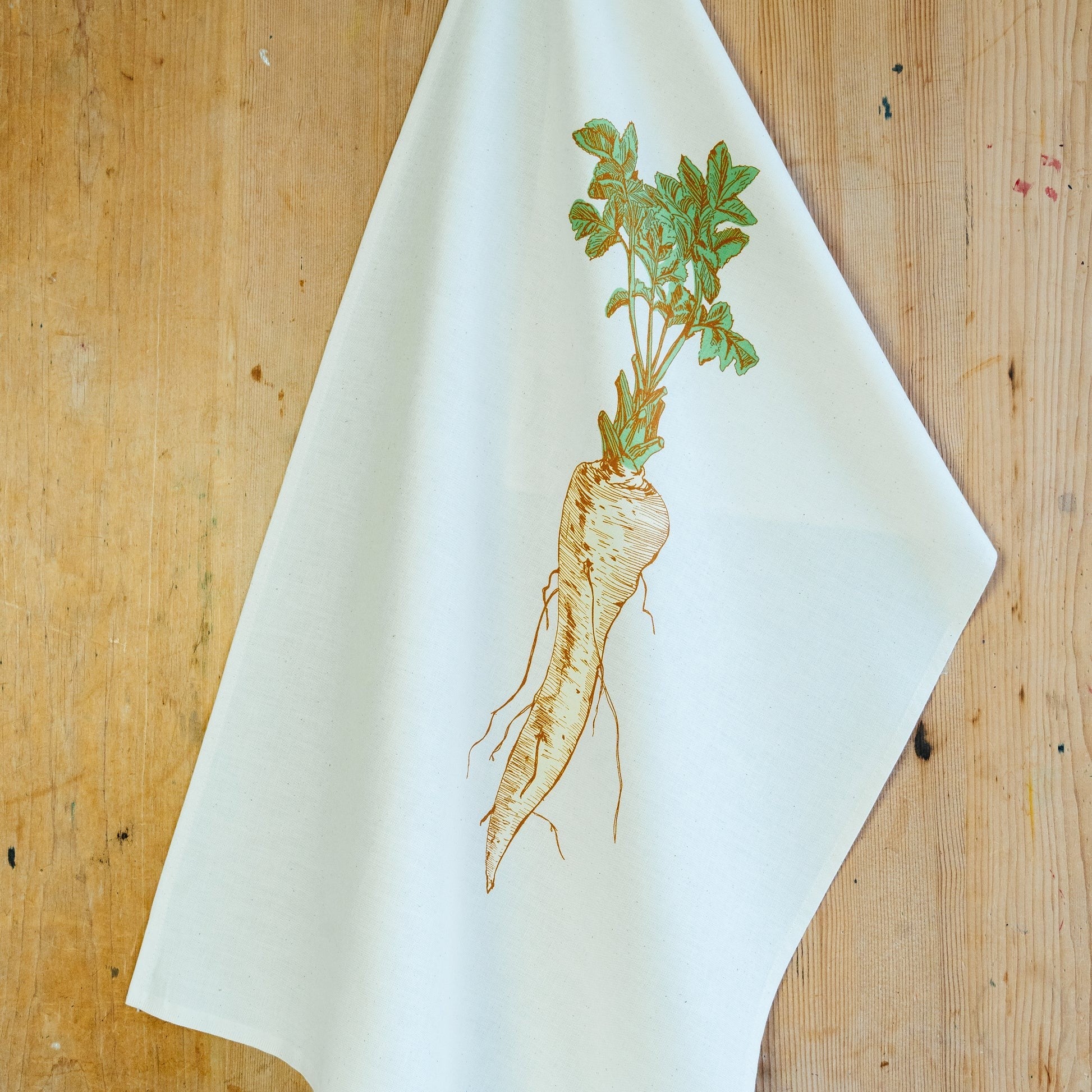 Handmade cotton tea towel with parsnip print. A quirky gift for gardeners, chefs, weddings, housewarmings or rustic countryside kitchen décor.