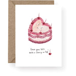 Love You Lots with a Cherry on Top card featuring a hand-painted vintage heart cake with cherries.